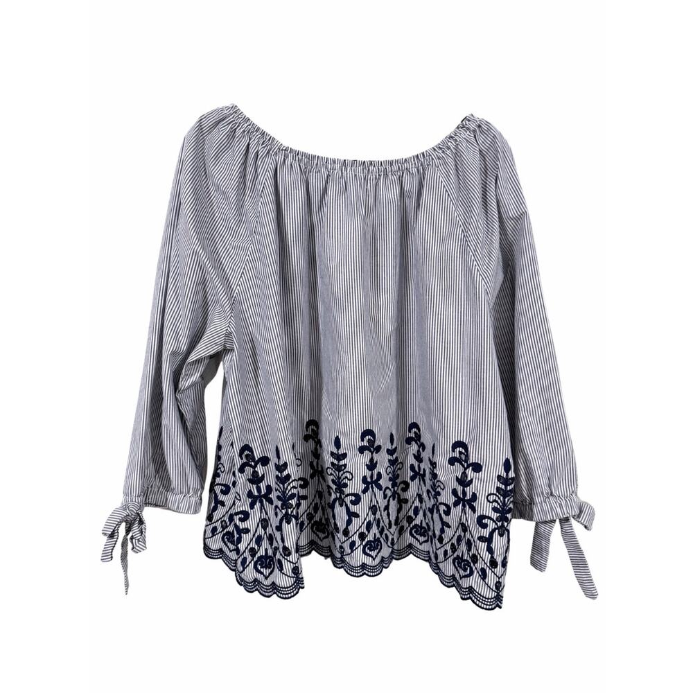 Blue Sapphire Stripe Embroidered Medium Off Shoulder Boho Coastal Y2K Peasant